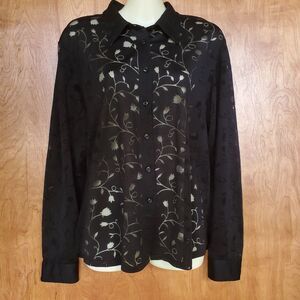 NY & Co Black Semi Sheer Floral Button Up Blouse Sz L Whimsigoth Western